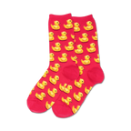 Lifestyle shot showing the blue rubber duck socks on a person's legs.