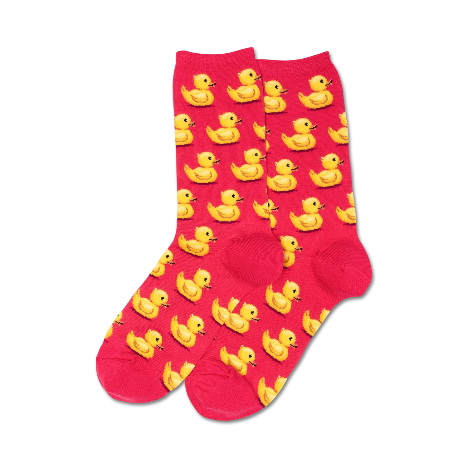 Lifestyle shot showing the blue rubber duck socks on a person's legs.