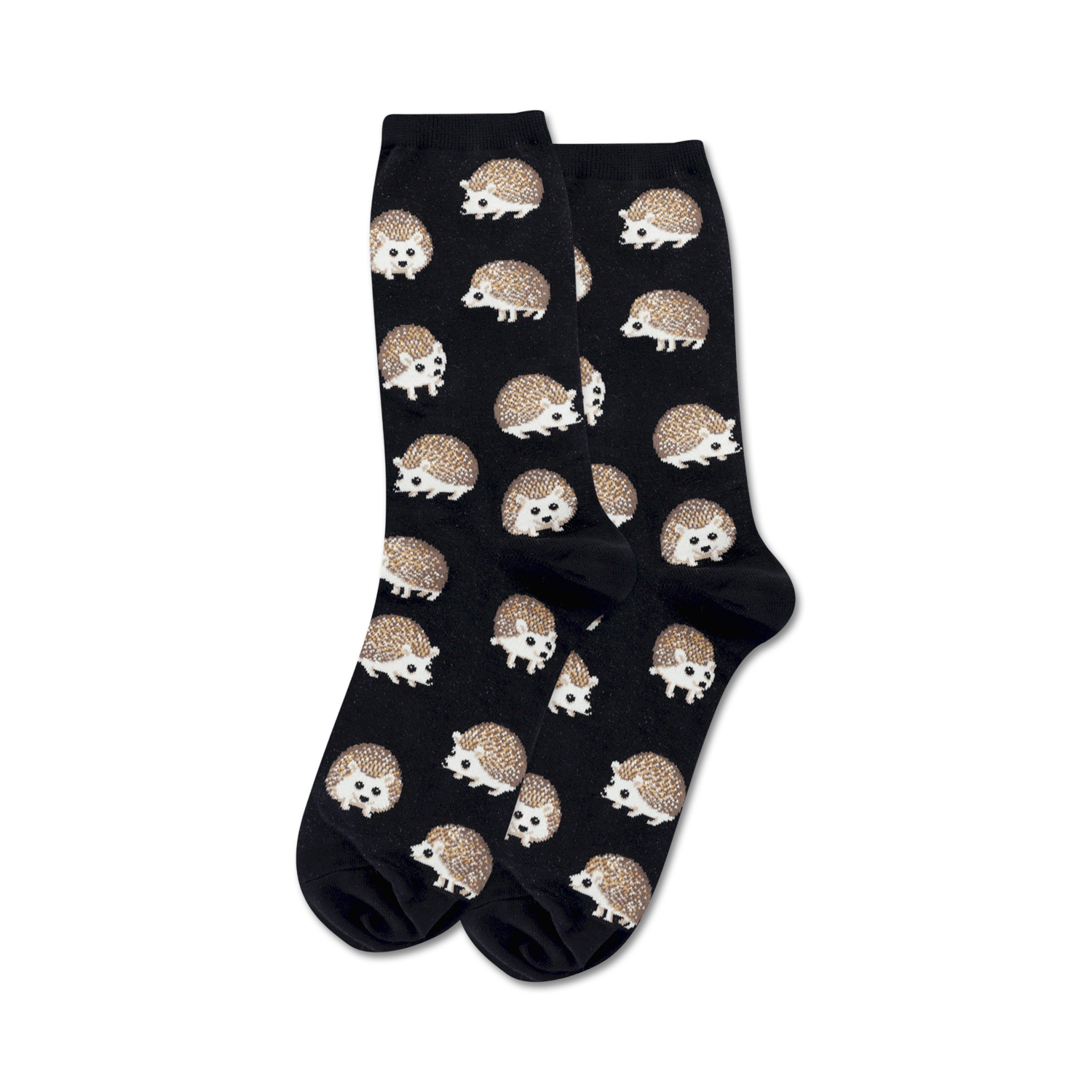 Pair of black crew socks with an all-over print of brown hedgehogs.