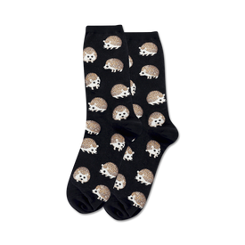 black crew socks for women with allover cartoon hedgehog pattern in shades of brown, beige, black, pink, and blue.  