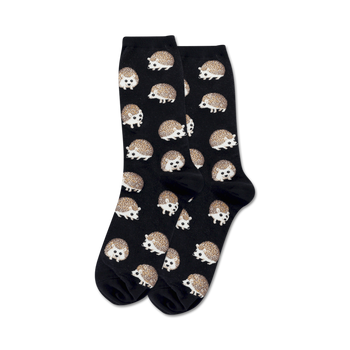 black crew socks for women with allover cartoon hedgehog pattern in shades of brown, beige, black, pink, and blue.  