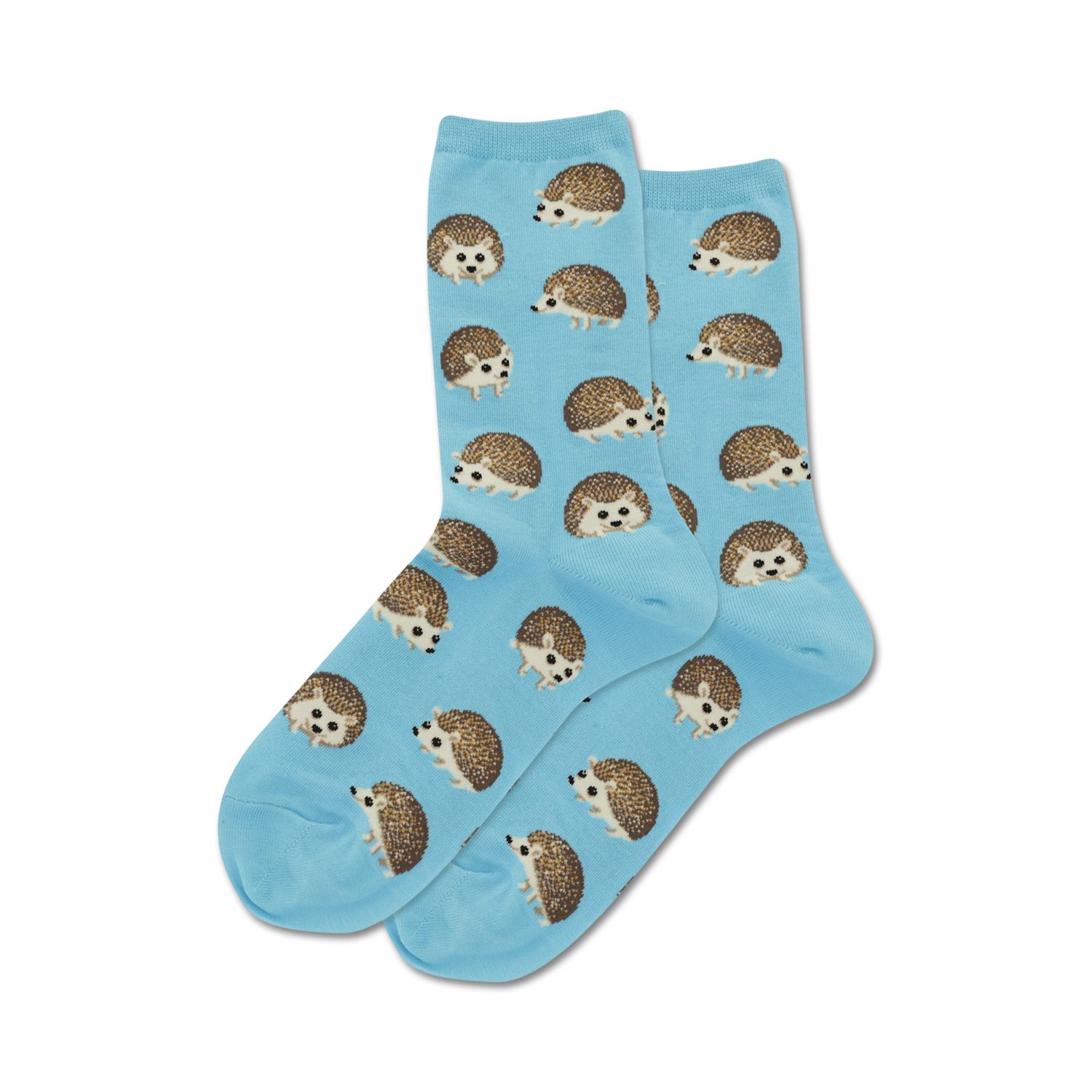 Pair of light blue crew socks with a repeating pattern of brown hedgehogs.