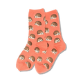 Pair of coral crew socks featuring an all-over print of brown hedgehogs.