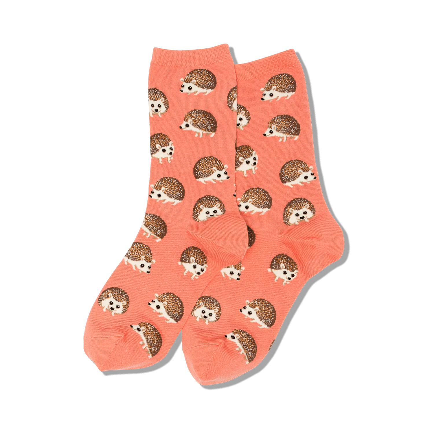Pair of coral crew socks featuring an all-over print of brown hedgehogs.
