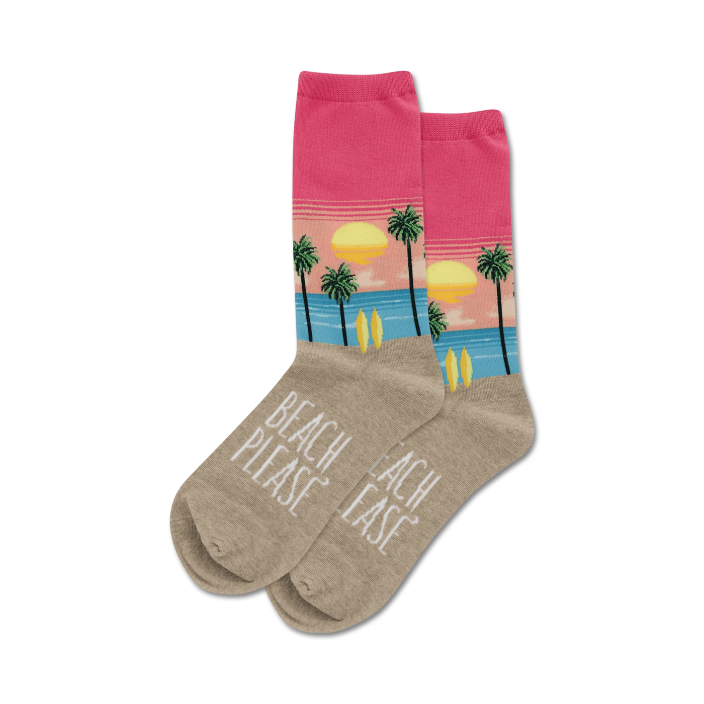 Pair of crew socks with a beach sunset design.  Pink and beige with palm trees, surfboards, and the words 'Beach Please'.