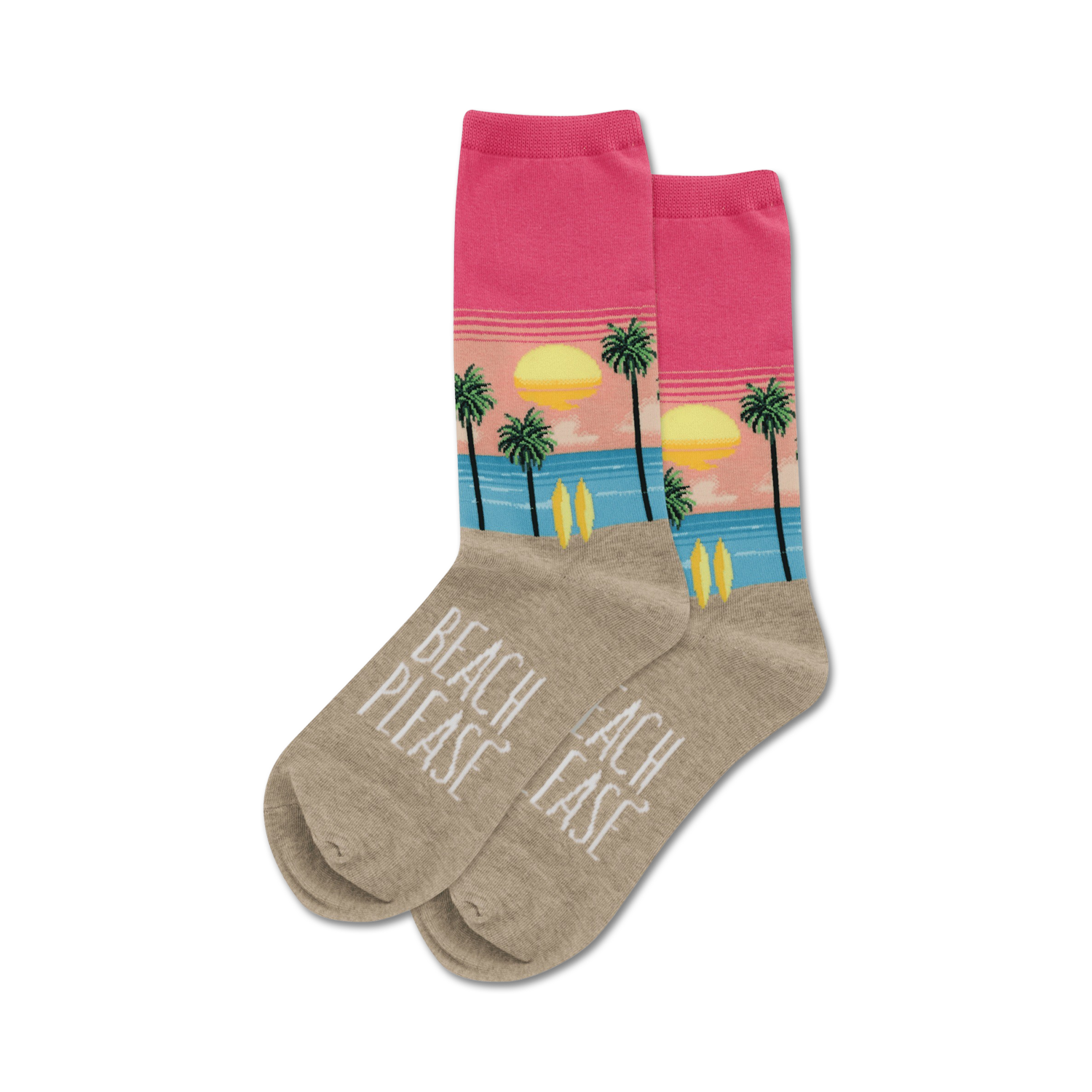 Pair of crew socks with a beach sunset design.  Pink and beige with palm trees, surfboards, and the words 'Beach Please'.