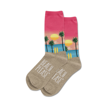 women's crew-length socks with palm tree design, "beach please" text, and summer theme.  