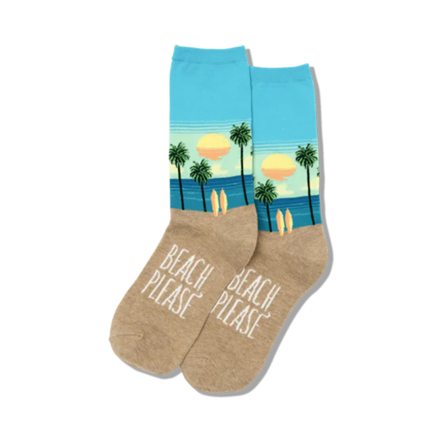 Lifestyle shot showing the teal 'Beach Please' socks on a model's feet.