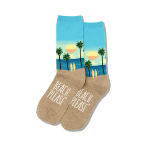 blue and tan crew length women's socks with a sandy beach pattern, palm trees, sunset, surfboards, and 'beach please' text.  