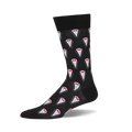 Black crew sock with a repeating pattern of small white tuxedo tops, each featuring a red bow tie.