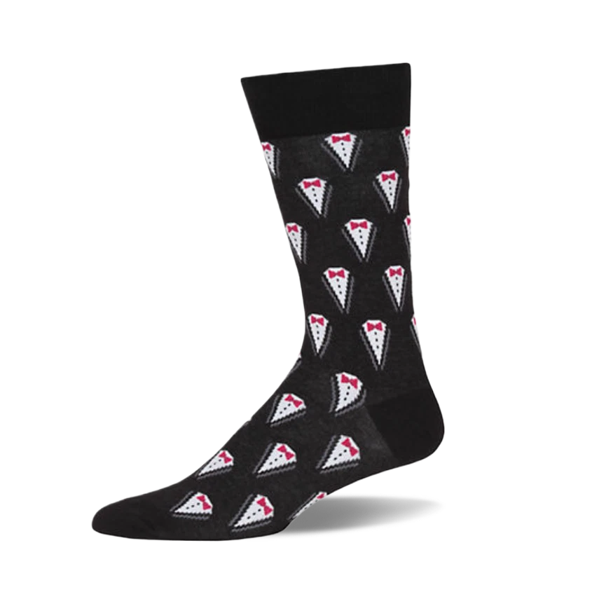 Black crew sock with a repeating pattern of small white tuxedo tops, each featuring a red bow tie.