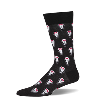 Black crew sock with a repeating pattern of small white tuxedo tops, each featuring a red bow tie.