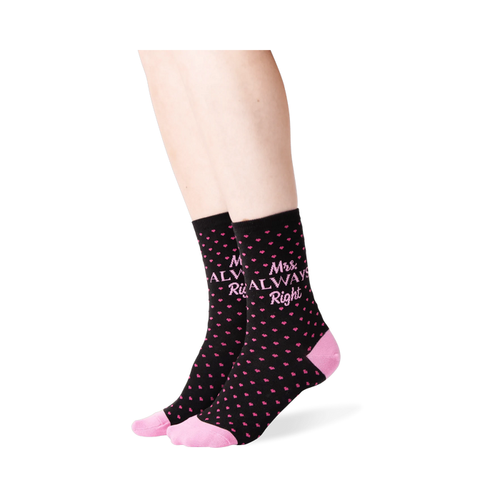Lifestyle shot showing the 'Mrs. Always Right' socks on a woman's legs.