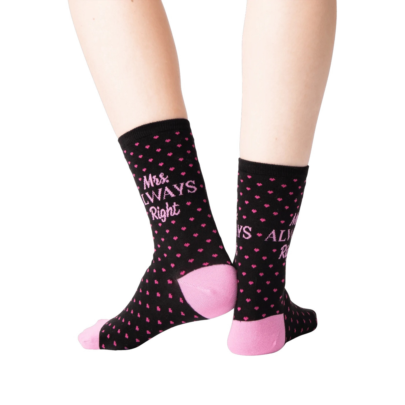 Back view of 'Mrs. Always Right' socks worn on a pair of legs.