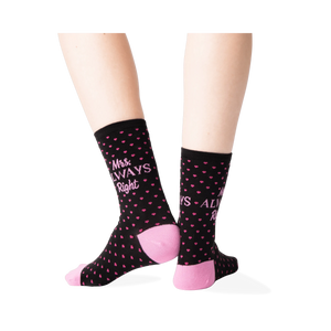 Back view of 'Mrs. Always Right' socks worn on a pair of legs.