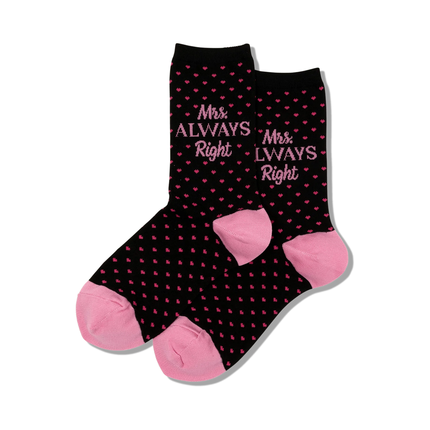 Pair of black crew socks with pink hearts and 'Mrs. Always Right' text. Pink heel and toe.