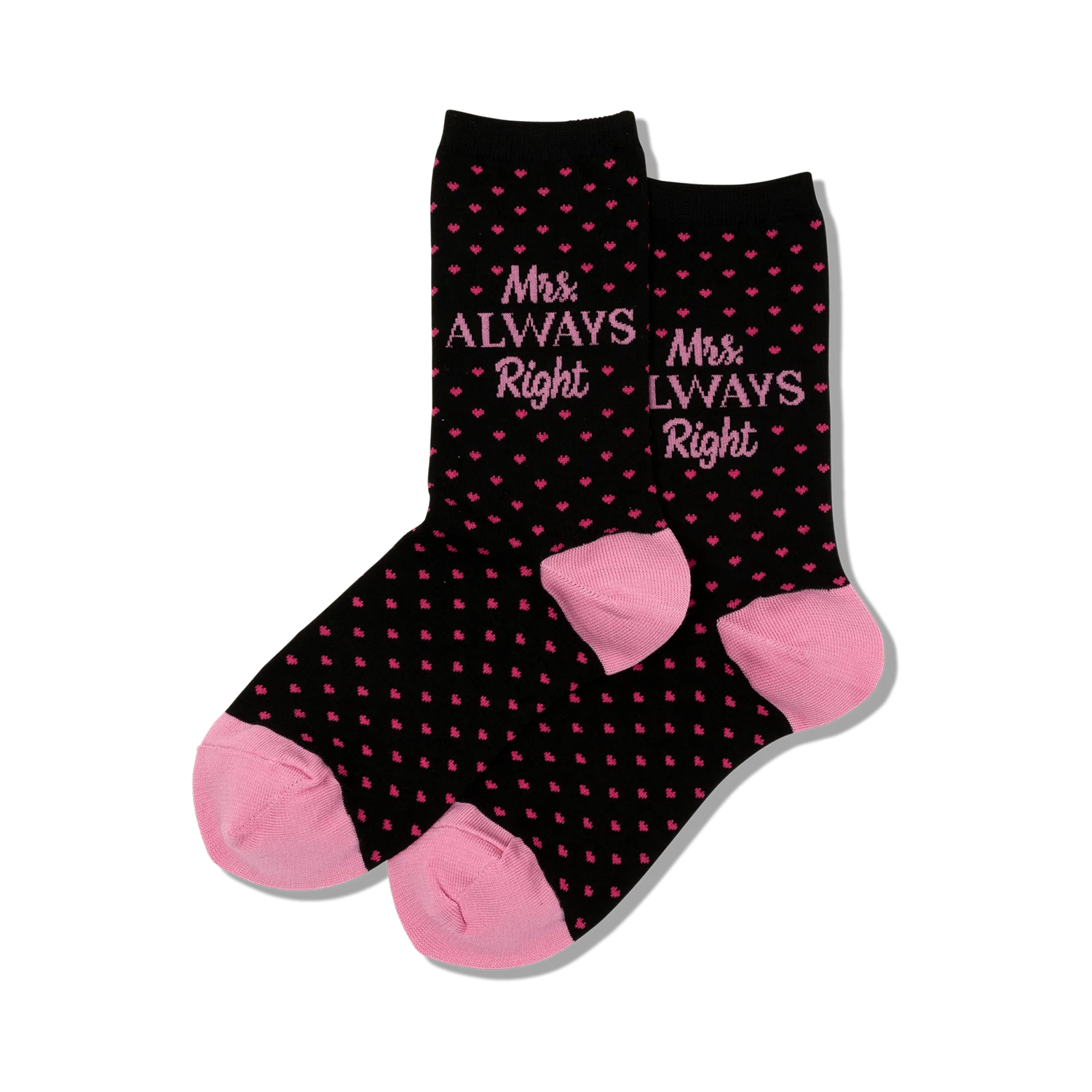Pair of black crew socks with pink hearts and 'Mrs. Always Right' text. Pink heel and toe.