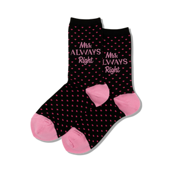 black women's crew socks with pink polka dots and "mrs. always right" text.  