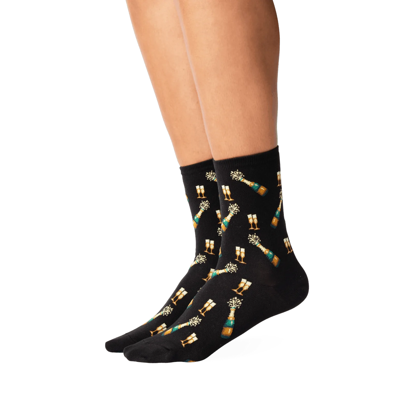 Flatlay studio shot of a pair of black 'Champagne Bottles' socks.