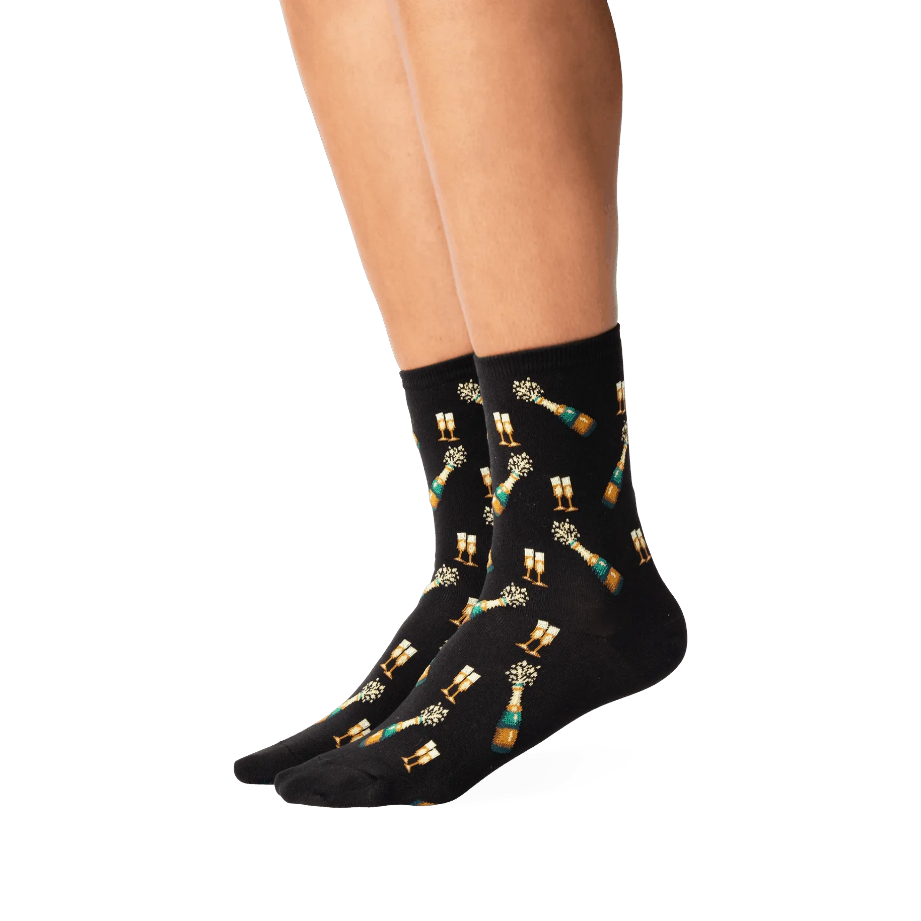 Flatlay studio shot of a pair of black 'Champagne Bottles' socks.