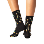 Back view of 'Champagne Bottles' socks on a person's legs, showcasing the full design repeat.