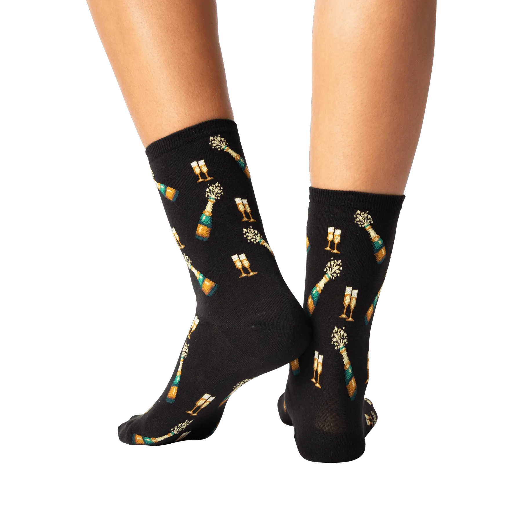 Back view of 'Champagne Bottles' socks on a person's legs, showcasing the full design repeat.