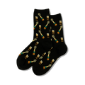 Pair of black crew socks with a repeating pattern of gold champagne bottles popping with green and gold glasses.