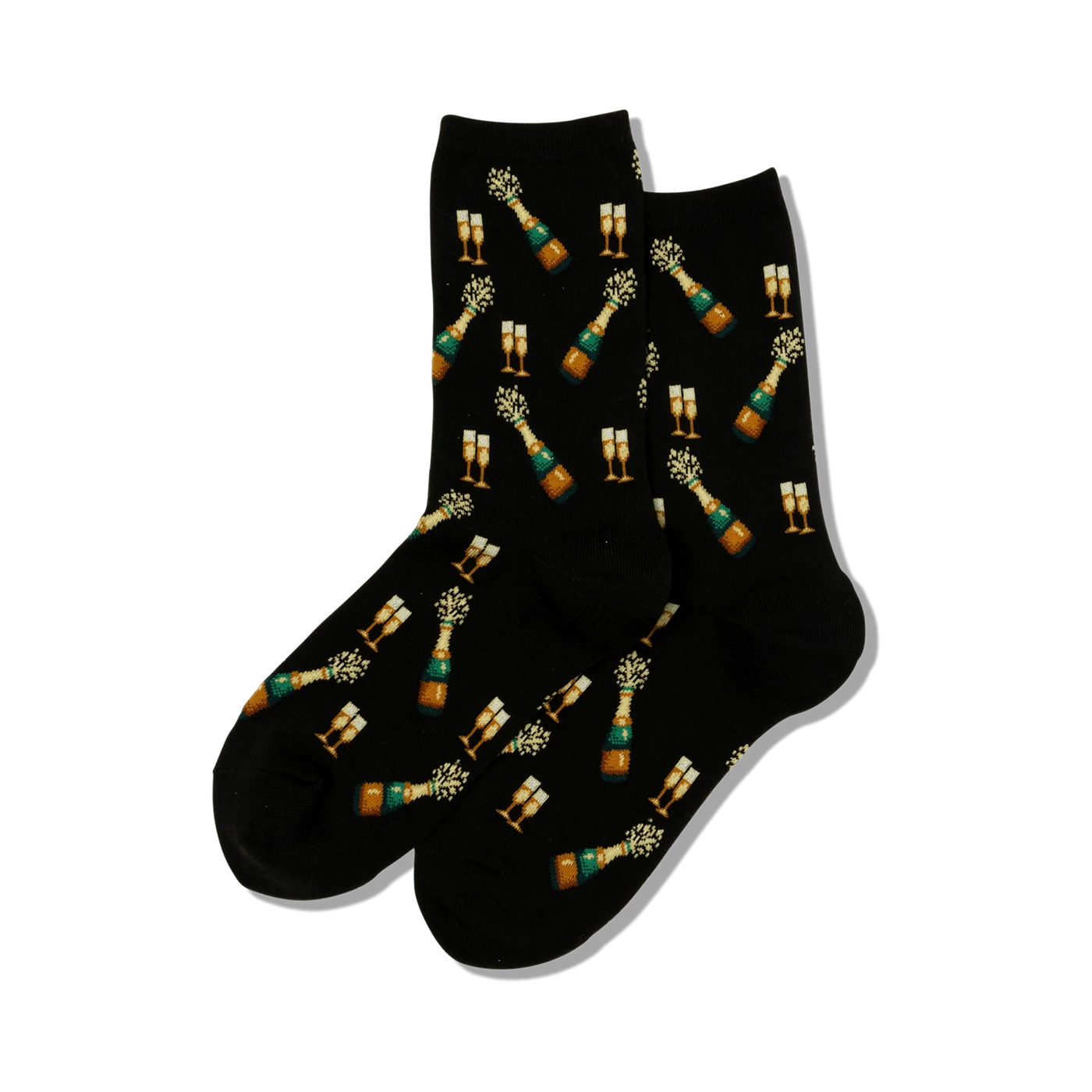 Pair of black crew socks with a repeating pattern of gold champagne bottles popping with green and gold glasses.