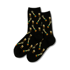 Pair of black crew socks with a repeating pattern of gold champagne bottles popping with green and gold glasses.