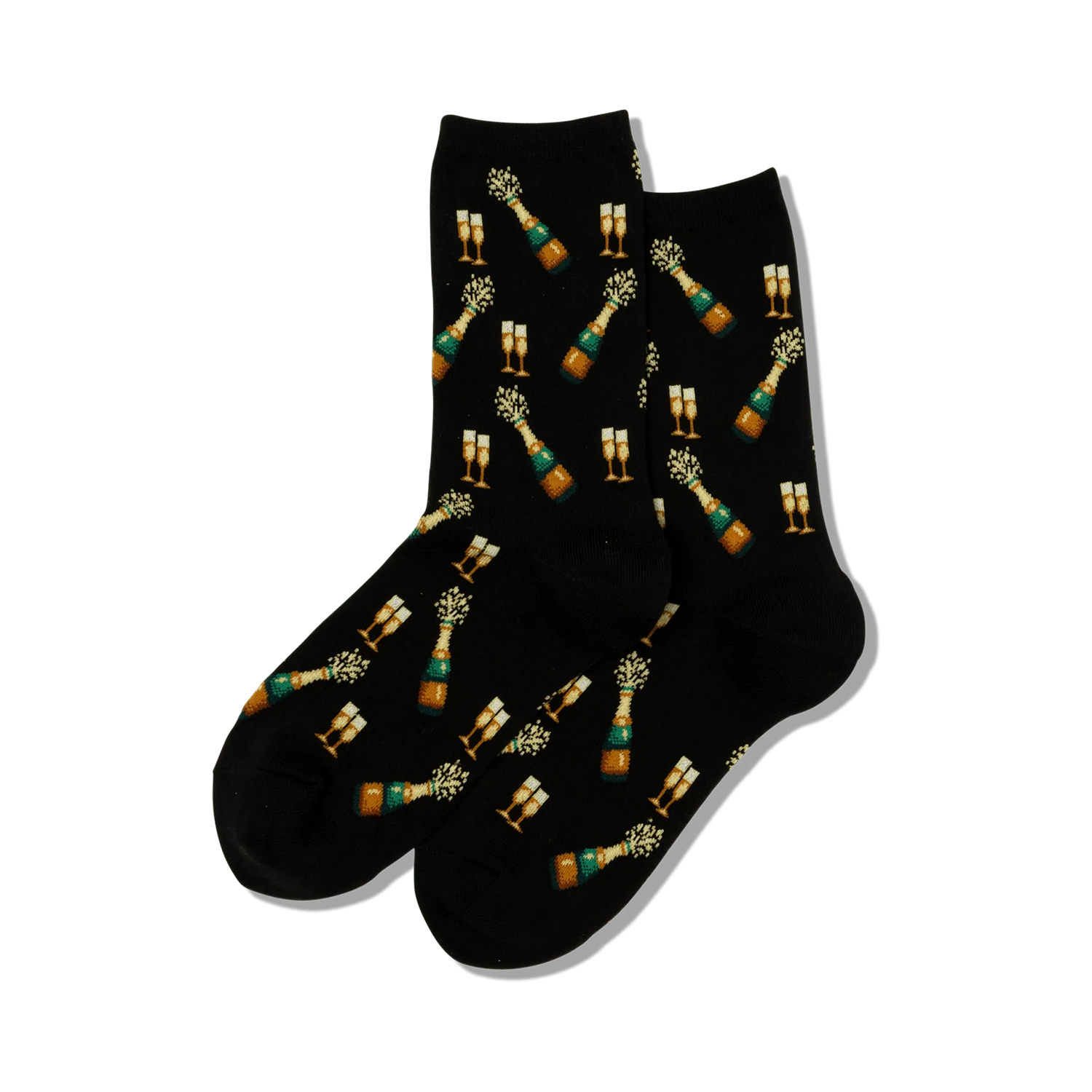 Pair of black crew socks with a repeating pattern of gold champagne bottles popping with green and gold glasses.