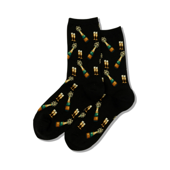 black crew socks with champagne bottles and glasses pattern. perfect for weddings and festivities.   