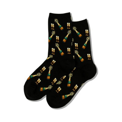 black crew socks with champagne bottles and glasses pattern. perfect for weddings and festivities.   