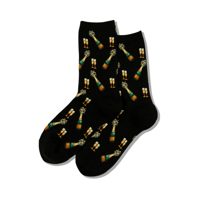 black crew socks with champagne bottles and glasses pattern. perfect for weddings and festivities.   