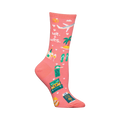 Coral pink crew socks with a honeymoon theme.  Design includes a plane, tropical island, flip-flops, champagne, wedding rings, passport, and suitcase.