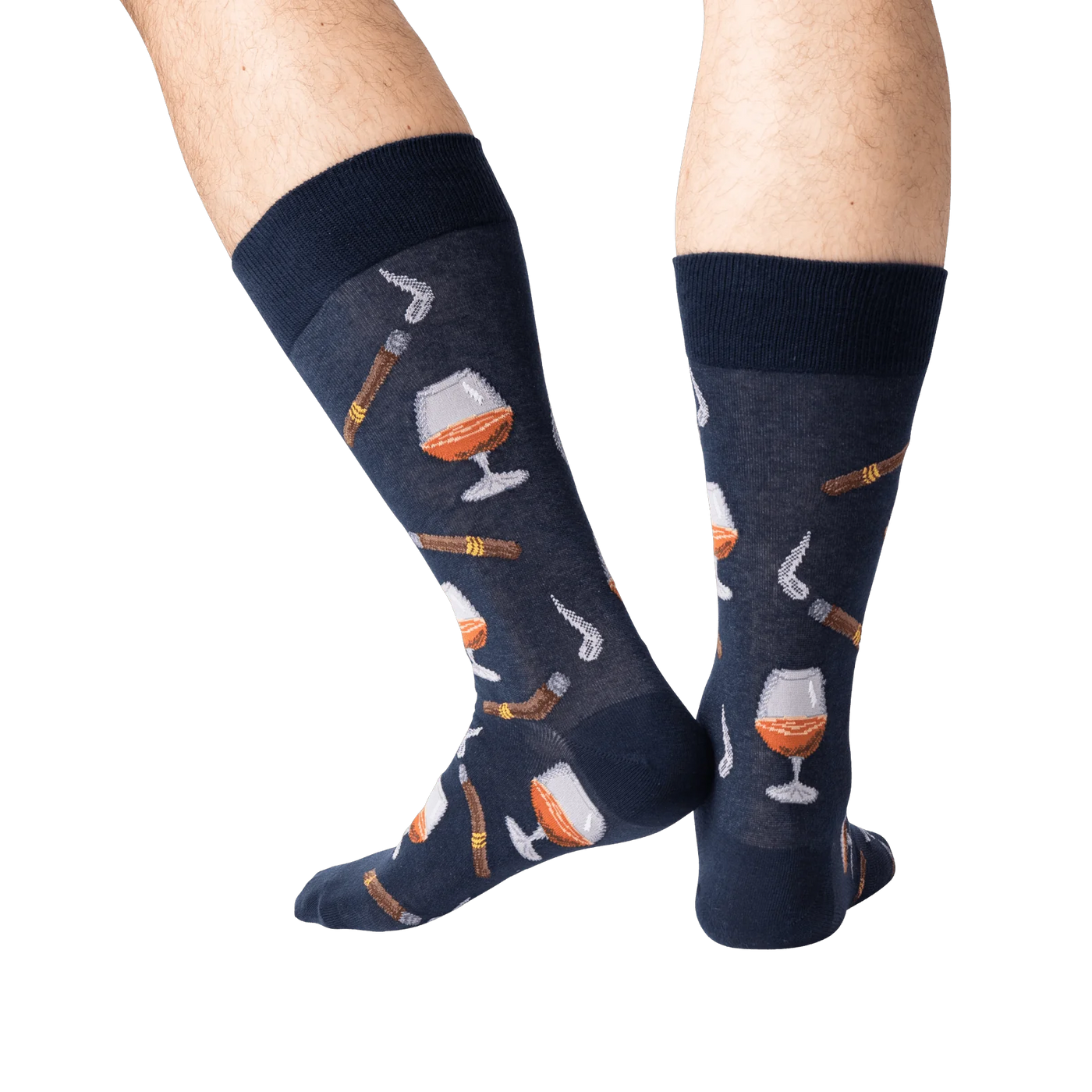 Lifestyle shot of a man's legs wearing the navy Cognac and Cigars socks.