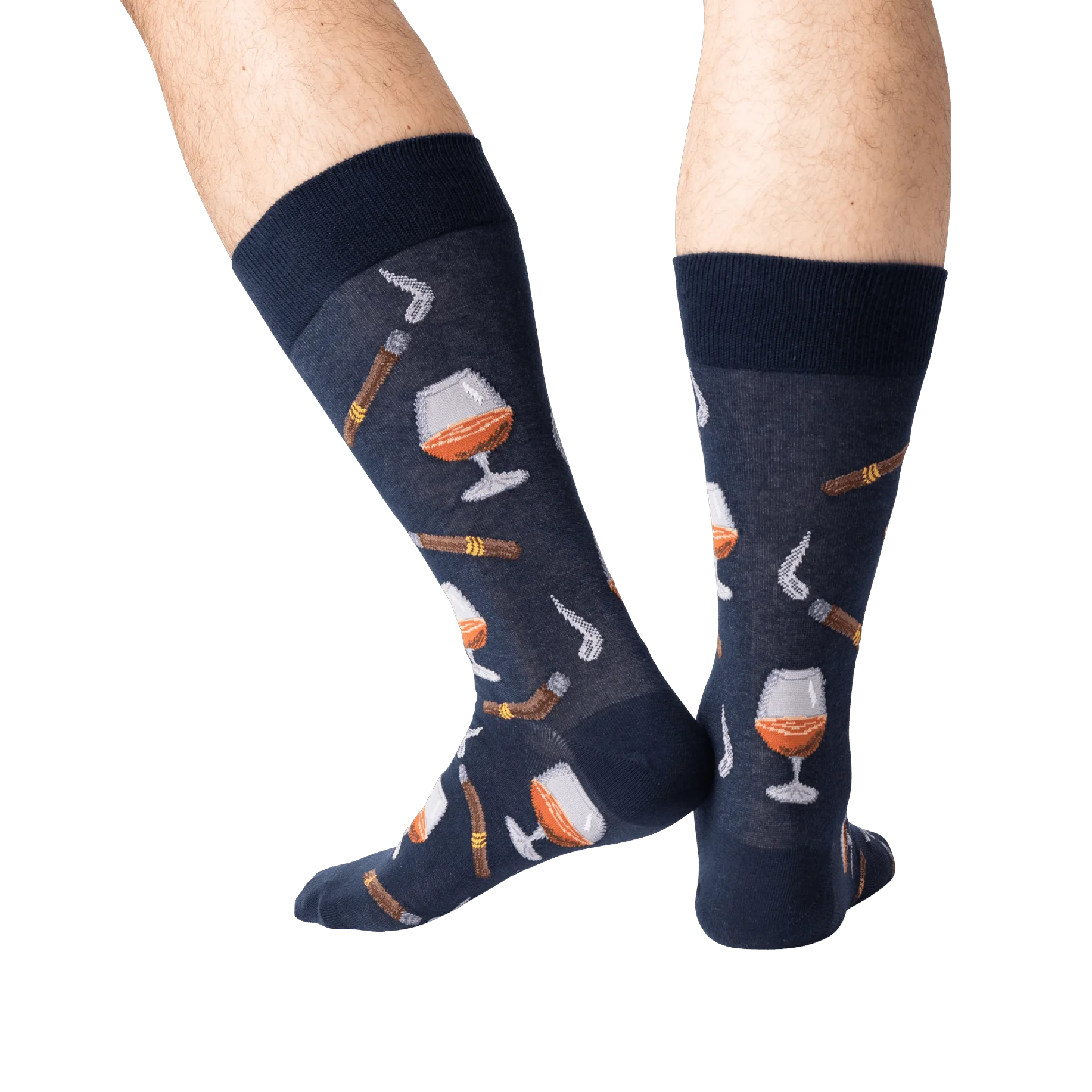 Lifestyle shot of a man's legs wearing the navy Cognac and Cigars socks.