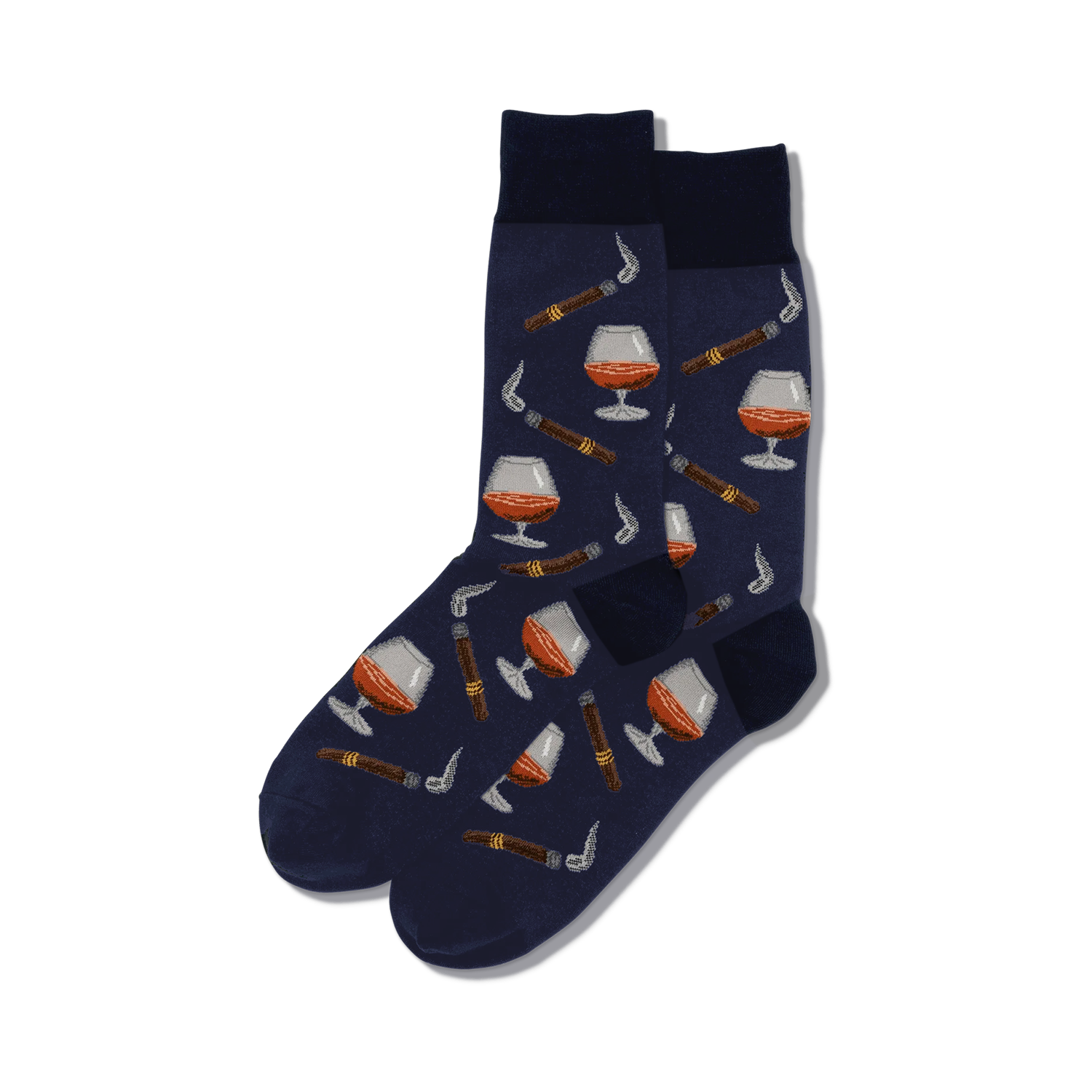 Close-up of the Cognac and Cigars sock design.  Shows detail of the cognac glass and cigar illustrations.