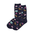 Pair of navy blue crew socks with a fun pattern of baking-themed illustrations: mixers, rolling pins, and cookies.