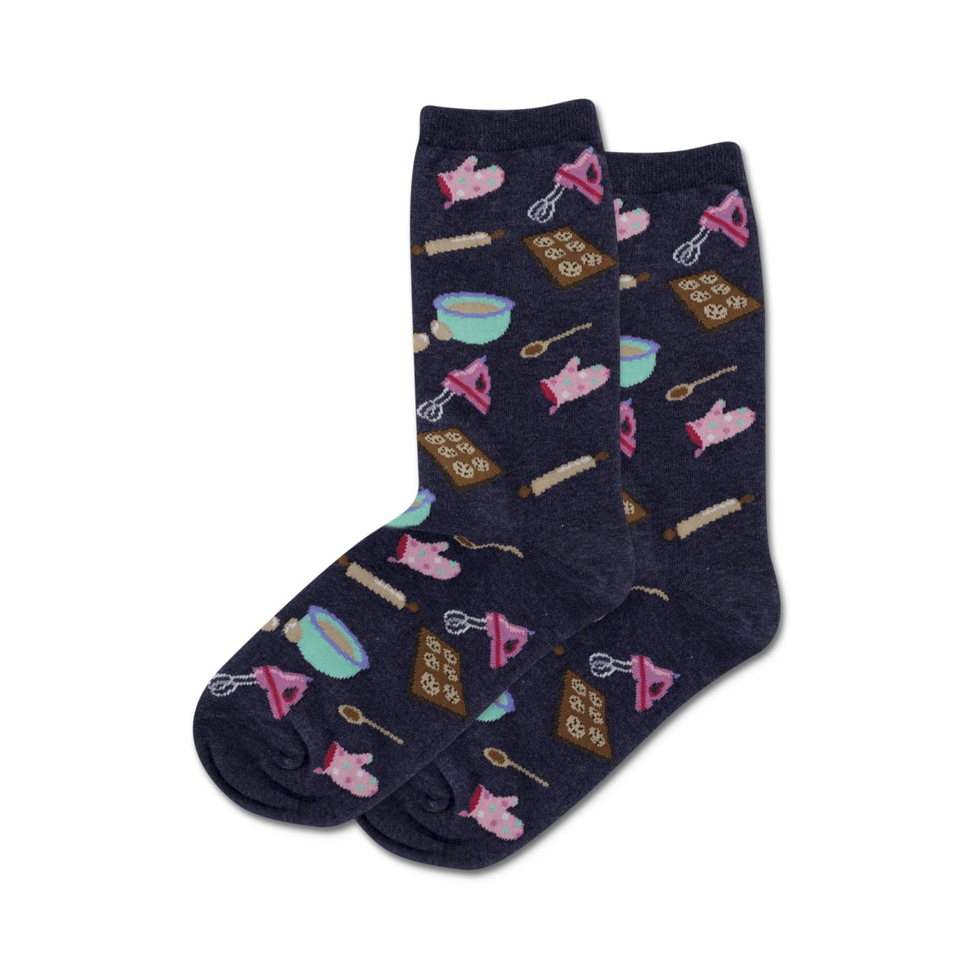 Pair of navy blue crew socks with a fun pattern of baking-themed illustrations: mixers, rolling pins, and cookies.