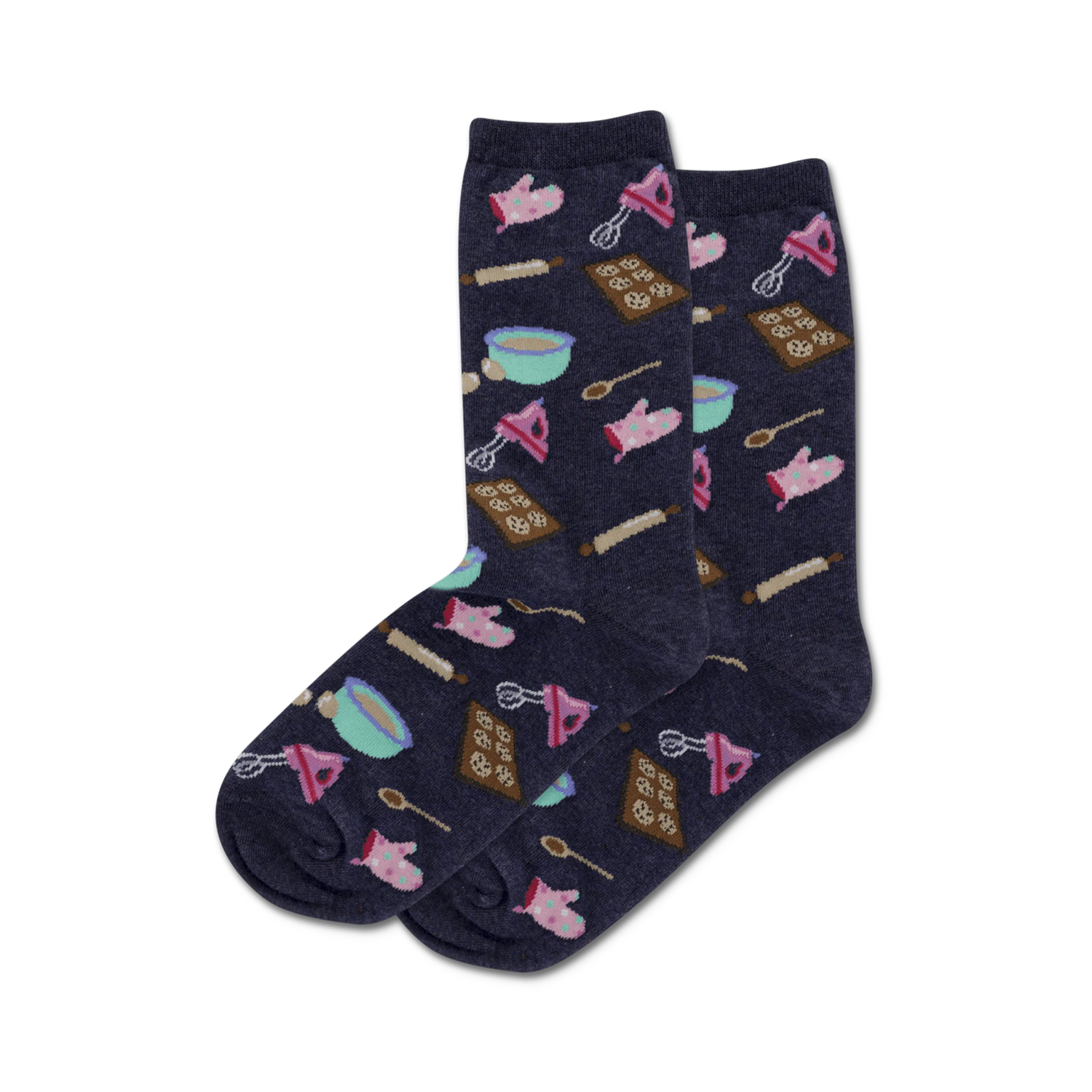Pair of navy blue crew socks with a fun pattern of baking-themed illustrations: mixers, rolling pins, and cookies.
