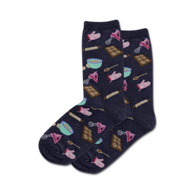 dark blue socks with pink and blue measuring spoons, rolling pins, oven mitts and brown cookies. crew length. for women.   