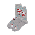 Pair of grey crew socks with a repeating pattern of ice-skating Santas and snowflakes.  Red, white, and grey.