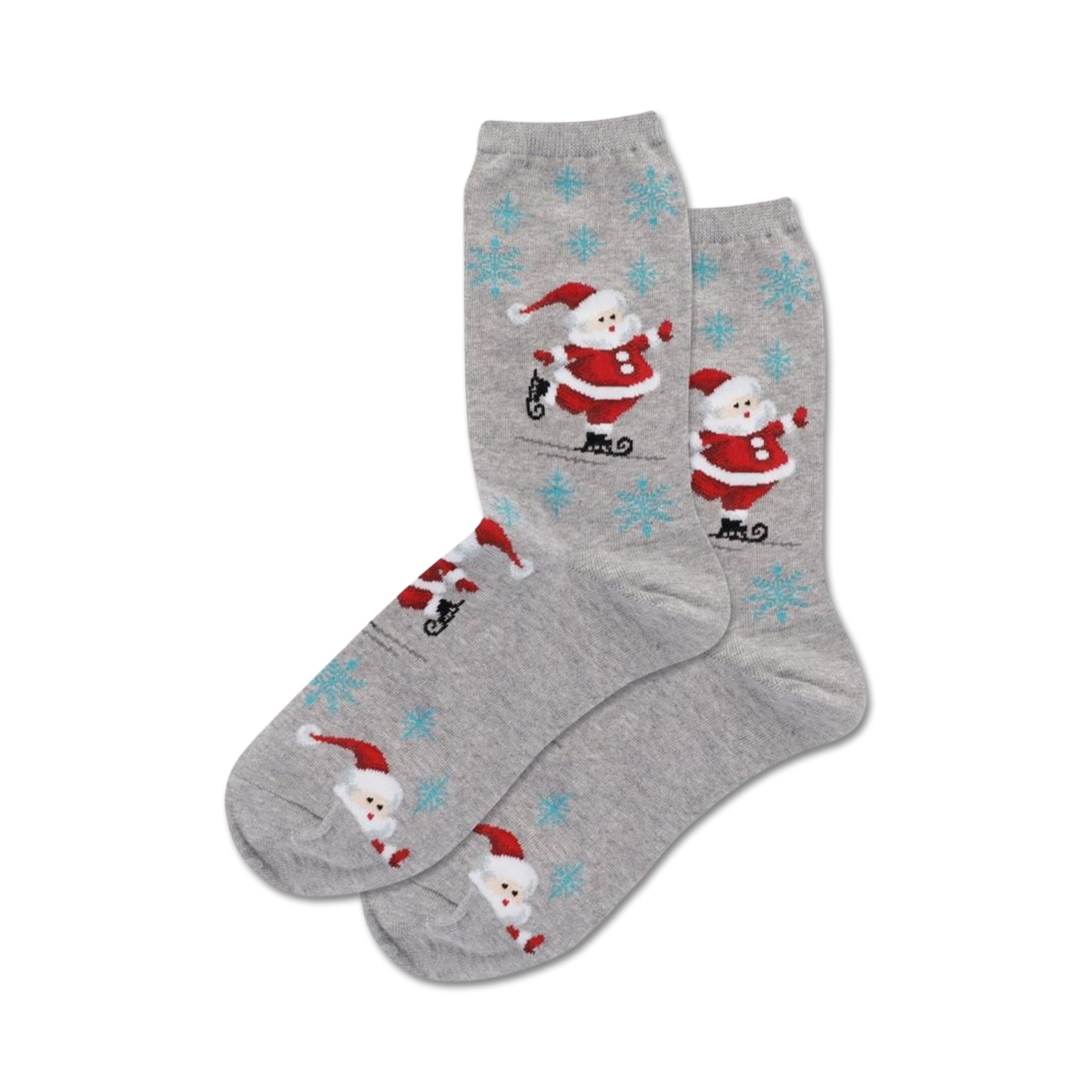 Pair of grey crew socks with a repeating pattern of ice-skating Santas and snowflakes.  Red, white, and grey.