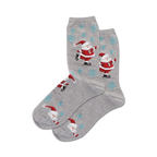 Pair of grey crew socks with a repeating pattern of ice-skating Santas and snowflakes.  Red, white, and grey.