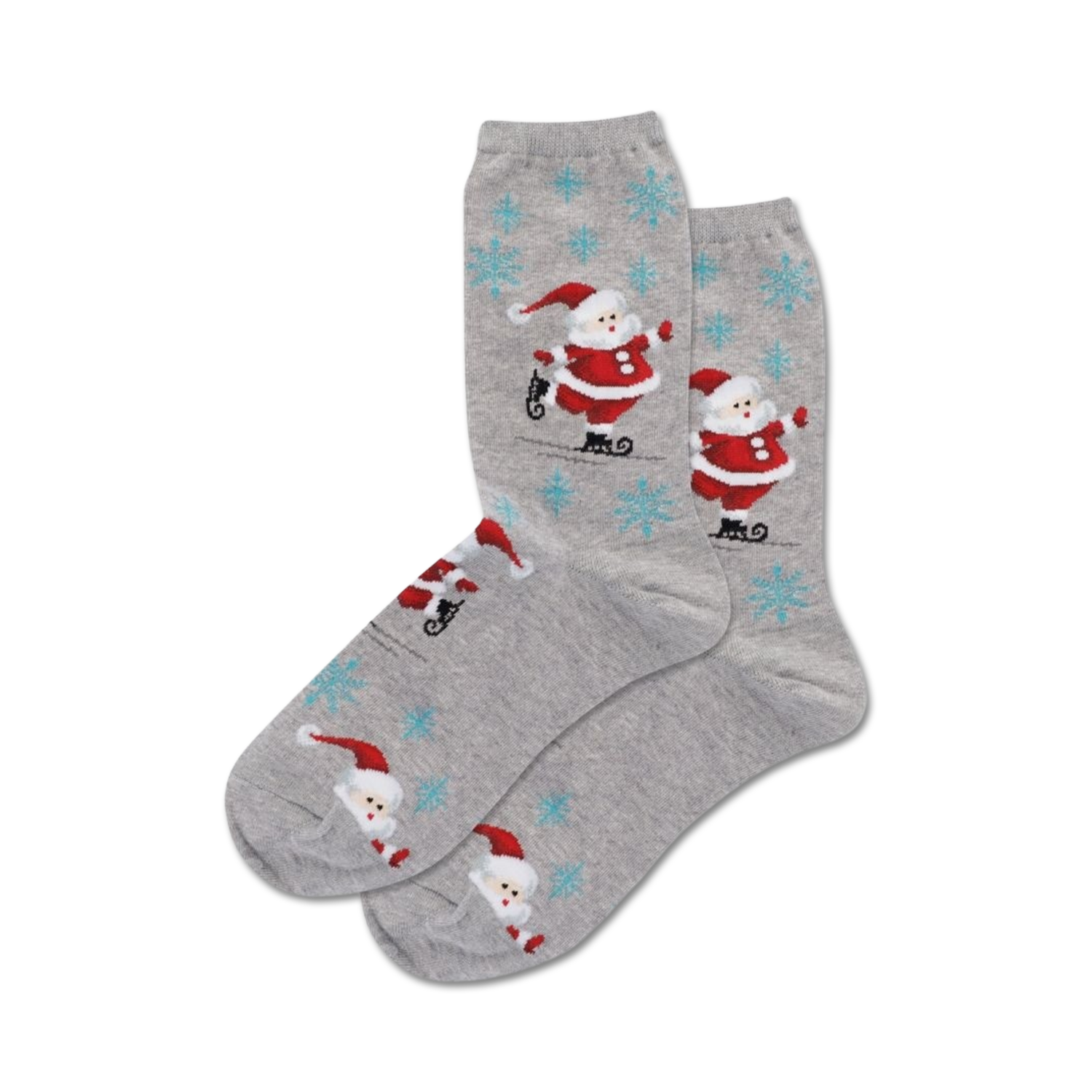 Pair of grey crew socks with a repeating pattern of ice-skating Santas and snowflakes.  Red, white, and grey.