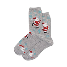 gray crew socks with santa claus ice skating pattern. perfect for fun christmas style.    