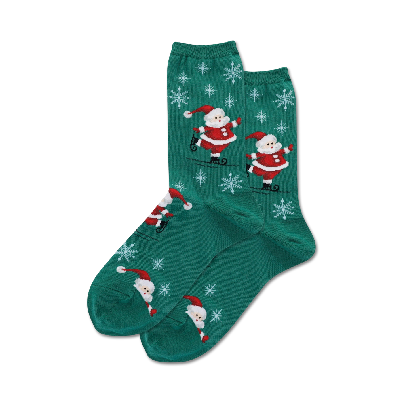 Pair of green crew socks with the same ice-skating Santa and snowflake design as the grey socks. Red, white, and green.