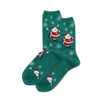 Pair of green crew socks with the same ice-skating Santa and snowflake design as the grey socks. Red, white, and green.