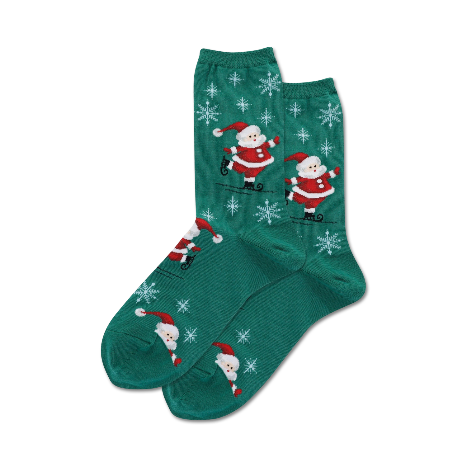 Pair of green crew socks with the same ice-skating Santa and snowflake design as the grey socks. Red, white, and green.