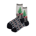 Crew socks in grey and blue. Design features black dogs, Christmas trees with gifts, and a snowflake Fairisle cuff.